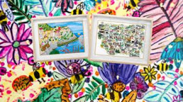 Two prints one beach with blue waters, and one with symbols of Manchester