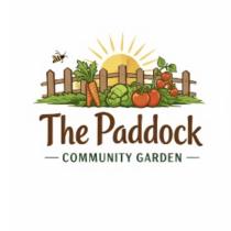 The organisation's logo featuring an illustrated garden scene with fresh vegetables including carrots, tomatoes and cabbage in front of a wooden fence, a rising sun, and a small bee, with the organisation's name displayed in warm brown lettering below.