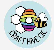 Graphic rounded logo depicting a cartoon looking bee approaching a colourful beehive, and the name of the organisation 'Craft Hive CIC' in bold black letters below.